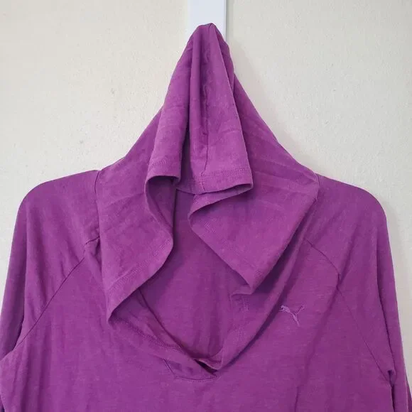 Puma Hoodie Lightweight Womens Medium Raglan Sleeves Pullover V Neck Dark Pink - Picture 3 of 15